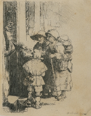 Beggars Receiving Alms at Door(also known as 'A Blind Hurdy-Gurdy Player and Family Receiving Alms') by Rembrandt Van Rijn