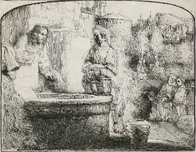 Christ and the Woman of Samaria: An arched Print by Rembrandt Van Rijn